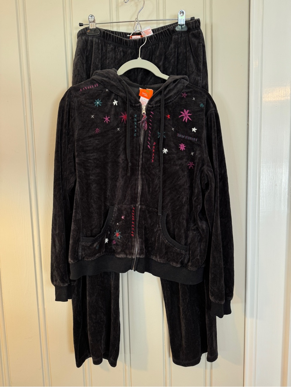 Black Velour Hoodie & Pants Set embroidery